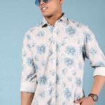 Men's Blue Floral Printed Casual Sleeve Shirt Cotton Blend Shirt