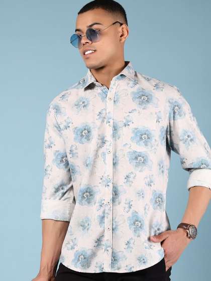 1 (2) Men's Blue Floral Printed Casual Sleeve Shirt Cotton Blend Shirt - Image 1