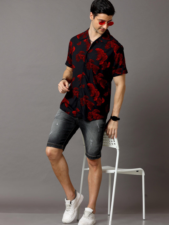 1 (22) Men's Blue Floral Printed Casual Sleeve Shirt Cotton Blend Shirt - Image 1