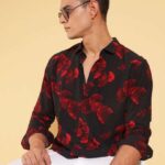 Men's Blue Floral Printed Casual Sleeve Shirt Cotton Blend Shirt