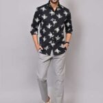 Men's Blue Floral Printed Casual Sleeve Shirt Cotton Blend Shirt