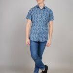 Men's Blue Floral Printed Casual Sleeve Shirt Cotton Blend Shirt