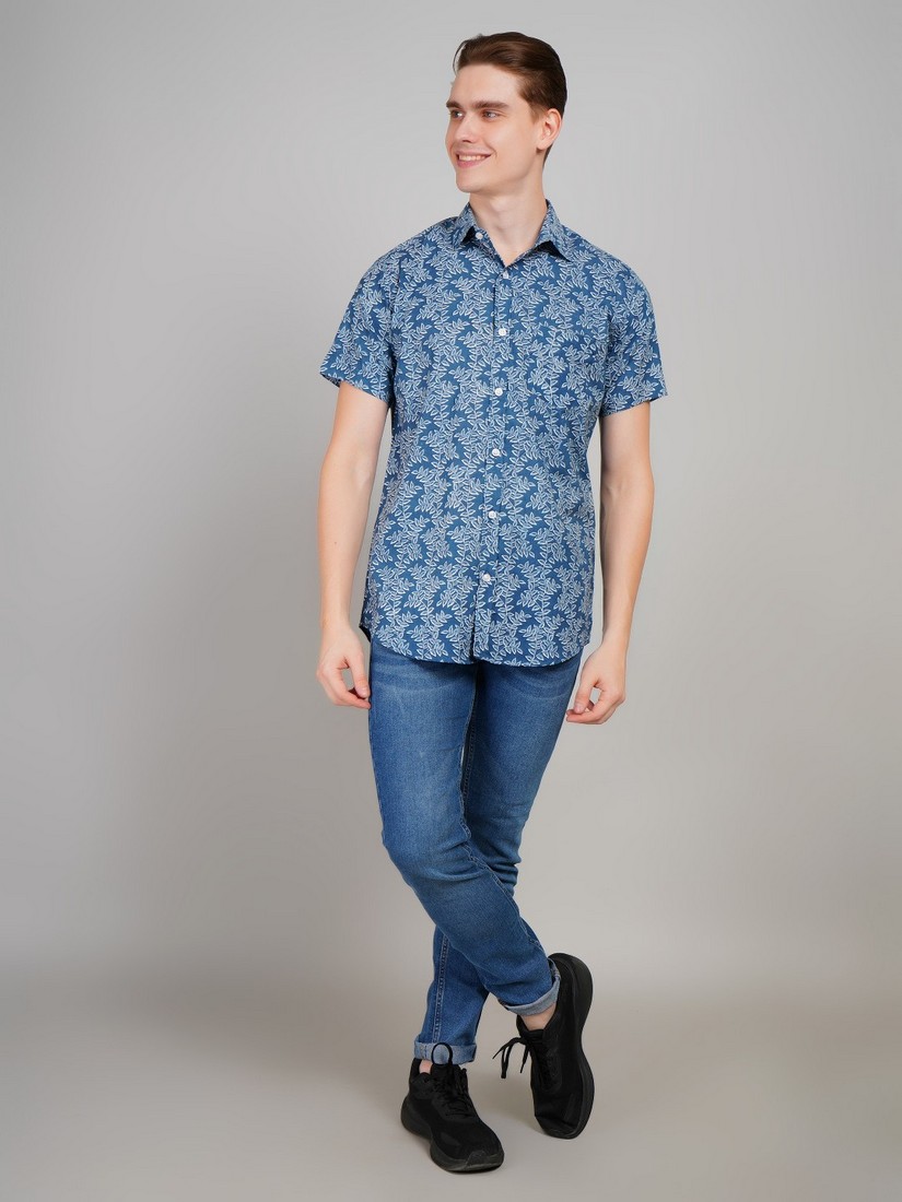 1001-SP BLUE HSHIRT (11) Men's Blue Floral Printed Casual Sleeve Shirt Cotton Blend Shirt - Image 1