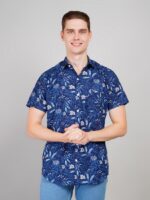 Men's Blue Floral Printed Casual Sleeve Shirt Cotton Blend Shirt