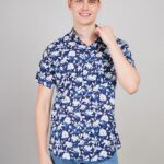 Men's Blue Floral Printed Casual Sleeve Shirt Cotton Blend Shirt