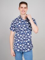 Men's Blue Floral Printed Casual Sleeve Shirt Cotton Blend Shirt