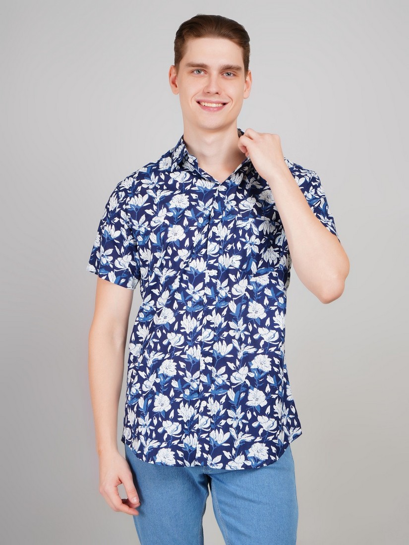 1005-sp blue half shirt (1) Men's Blue Floral Printed Casual Sleeve Shirt Cotton Blend Shirt - Image 1