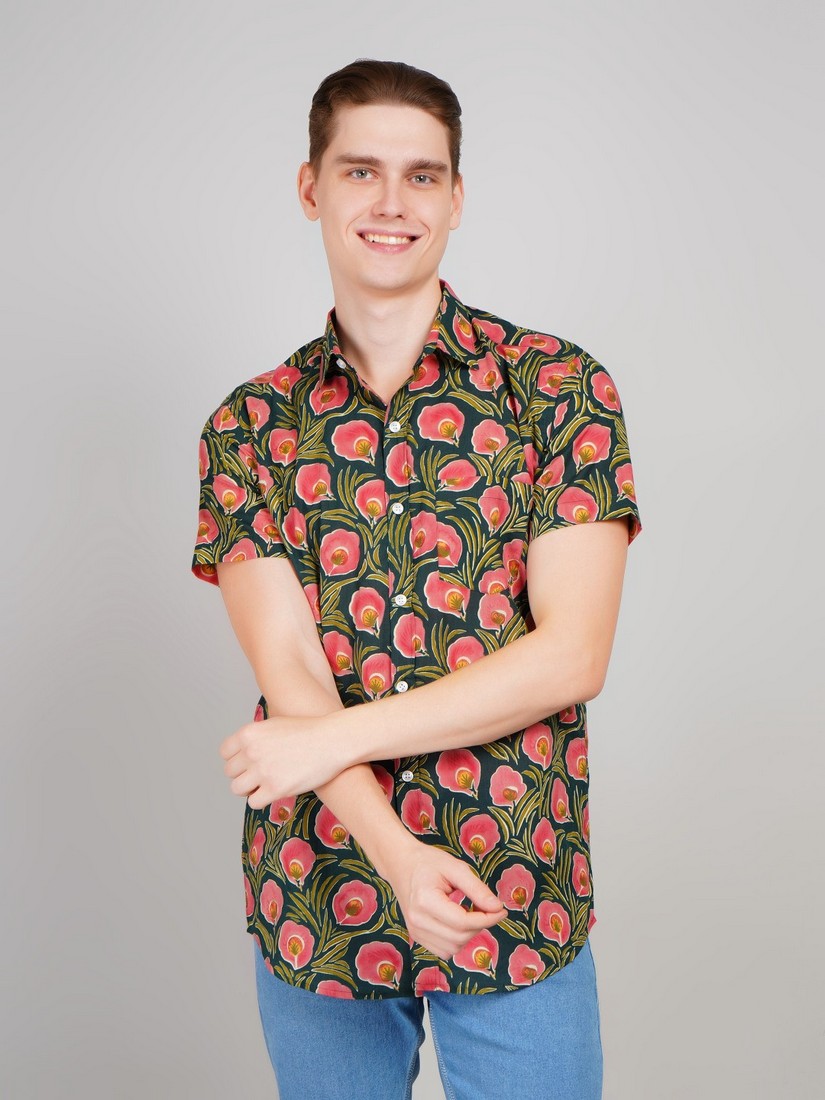 1006-sp Green half shirt (1) Men's Blue Floral Printed Casual Sleeve Shirt Cotton Blend Shirt - Image 1