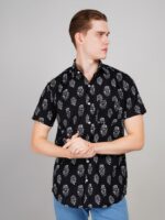 Men's Blue Floral Printed Casual Sleeve Shirt Cotton Blend Shirt