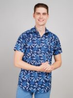 Men's Blue Floral Printed Casual Sleeve Shirt Cotton Blend Shirt