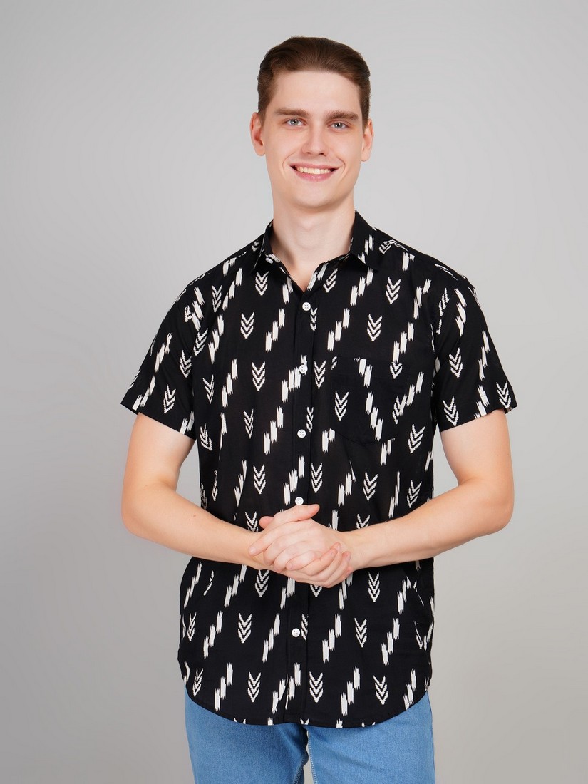 1009-sp blk half shirt (1) Men's Blue Floral Printed Casual Sleeve Shirt Cotton Blend Shirt - Image 1
