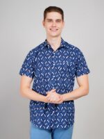 Men's Blue Floral Printed Casual Sleeve Shirt Cotton Blend Shirt