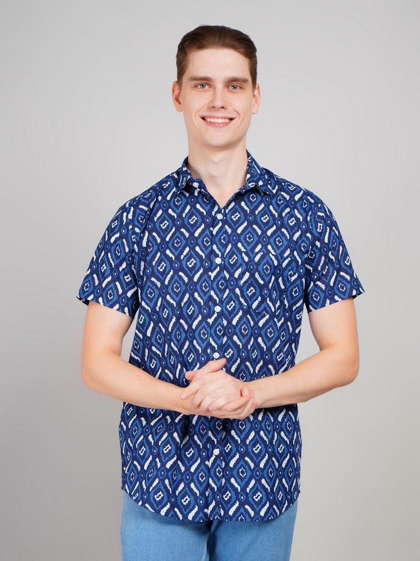 1010-sp blue half shirt (1) Men's Blue Floral Printed Casual Sleeve Shirt Cotton Blend Shirt - Image 1