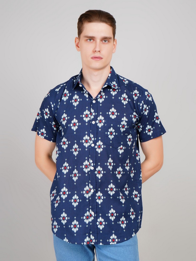 1011-sp navyblue half shirt (1) Men's Blue Floral Printed Casual Sleeve Shirt Cotton Blend Shirt - Image 1