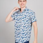 Men's Blue Floral Printed Casual Sleeve Shirt Cotton Blend Shirt