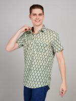 Men's Blue Floral Printed Casual Sleeve Shirt Cotton Blend Shirt