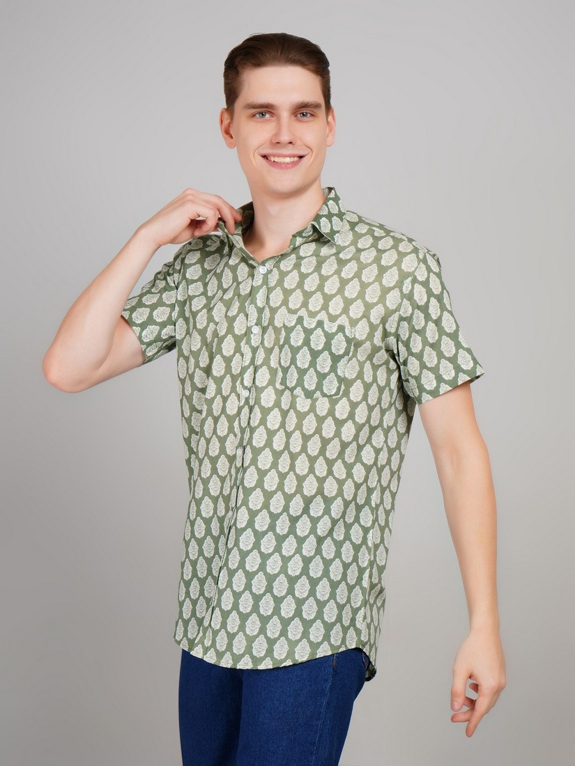 1014-sp lightgreen half shirt (3) Men's Blue Floral Printed Casual Sleeve Shirt Cotton Blend Shirt - Image 1