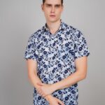 Men's Blue Floral Printed Casual Sleeve Shirt Cotton Blend Shirt