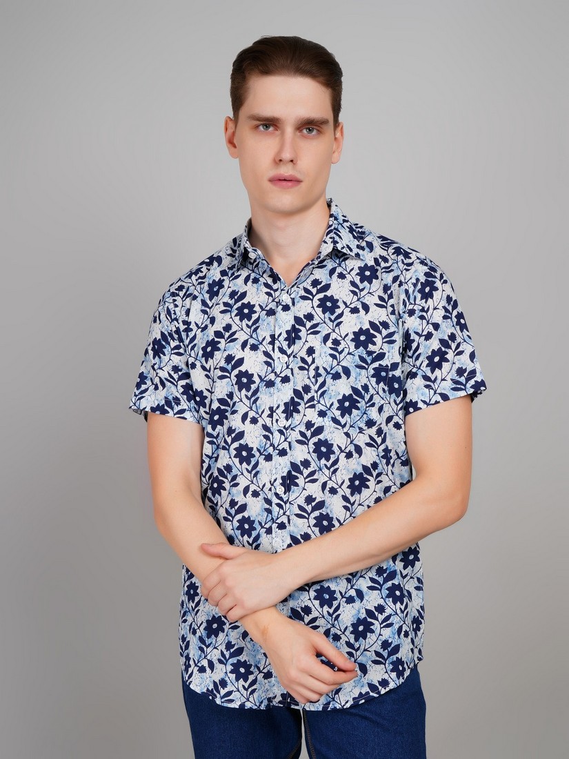 1016-sp offwhite half shirt (5) Men's Blue Floral Printed Casual Sleeve Shirt Cotton Blend Shirt - Image 1