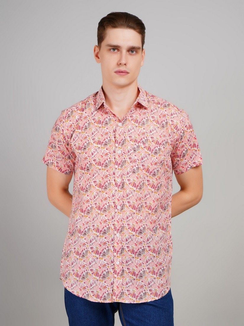 1019-sp peach half shirt (1) Men's Blue Floral Printed Casual Sleeve Shirt Cotton Blend Shirt - Image 1