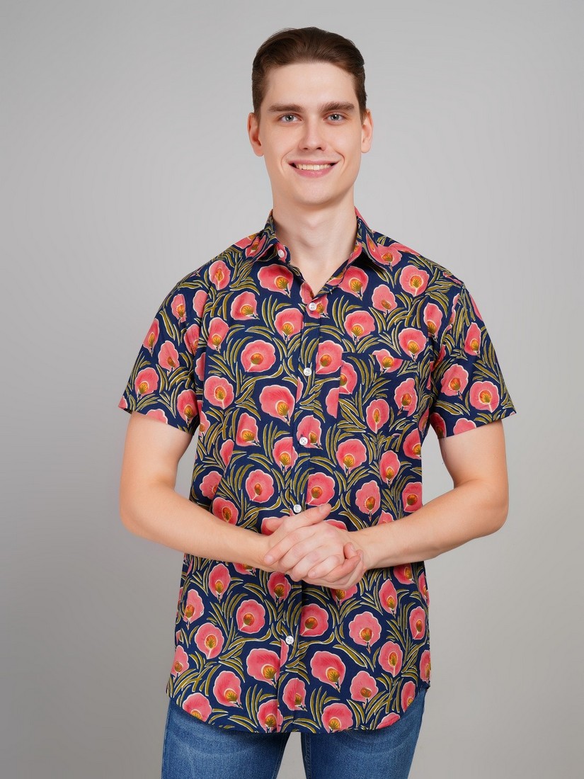 1020-sp blue half shirt (1) Men's Blue Floral Printed Casual Sleeve Shirt Cotton Blend Shirt - Image 1