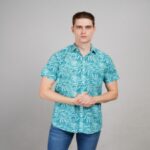 Men's Blue Floral Printed Casual Sleeve Shirt Cotton Blend Shirt