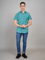 Men's Blue Floral Printed Casual Sleeve Shirt Cotton Blend Shirt