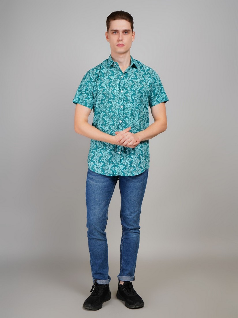 1022-sp cgreen half shirt (5) Men's Blue Floral Printed Casual Sleeve Shirt Cotton Blend Shirt - Image 1