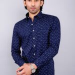 Men's Blue Floral Printed Casual Sleeve Shirt Cotton Blend Shirt