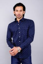 Men's Blue Floral Printed Casual Sleeve Shirt Cotton Blend Shirt