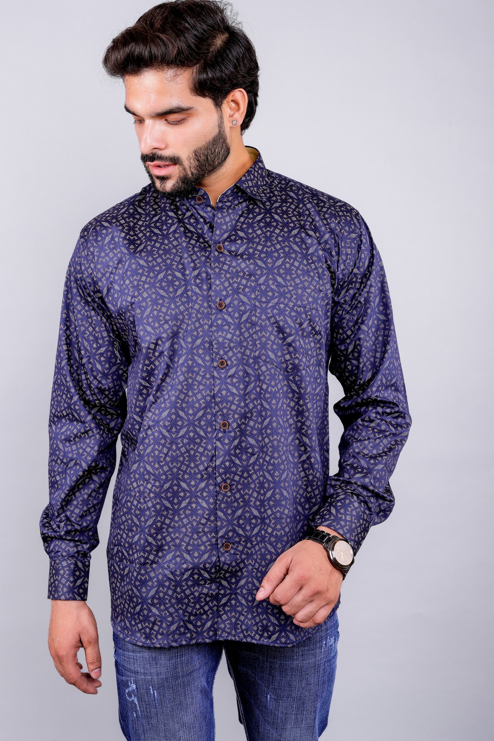Art-030 (1) Men's Blue Floral Printed Casual Sleeve Shirt Cotton Blend Shirt - Image 1