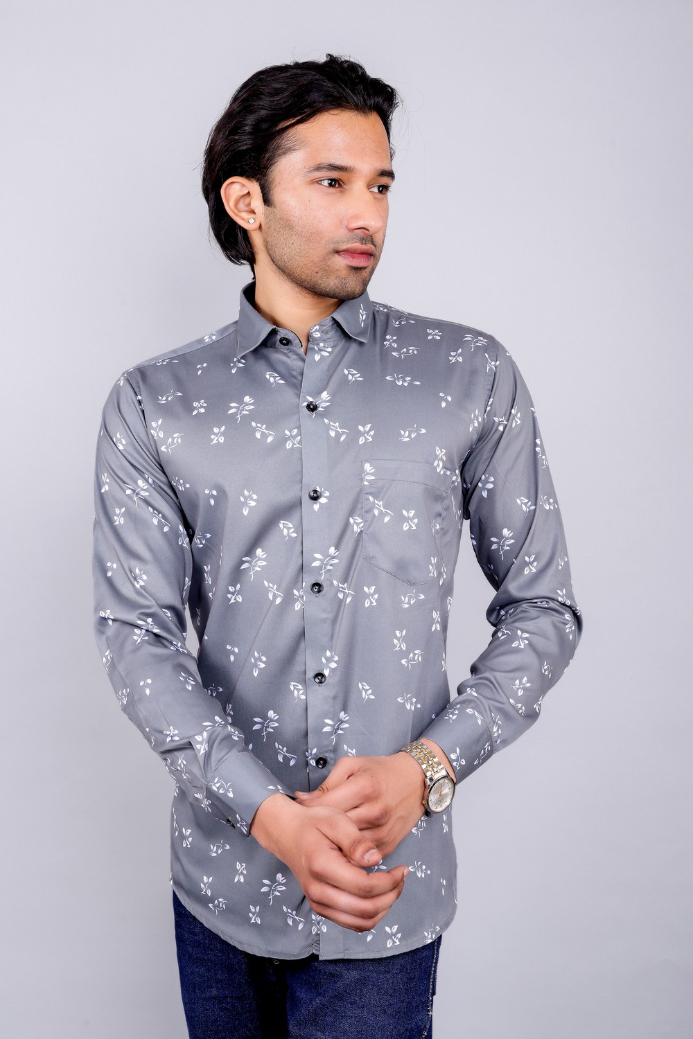Art-032 (1) Men's Blue Floral Printed Casual Sleeve Shirt Cotton Blend Shirt - Image 1