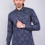 Men's Blue Floral Printed Casual Sleeve Shirt Cotton Blend Shirt