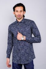 Men's Blue Floral Printed Casual Sleeve Shirt Cotton Blend Shirt
