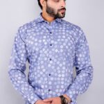 Men's Blue Floral Printed Casual Sleeve Shirt Cotton Blend Shirt