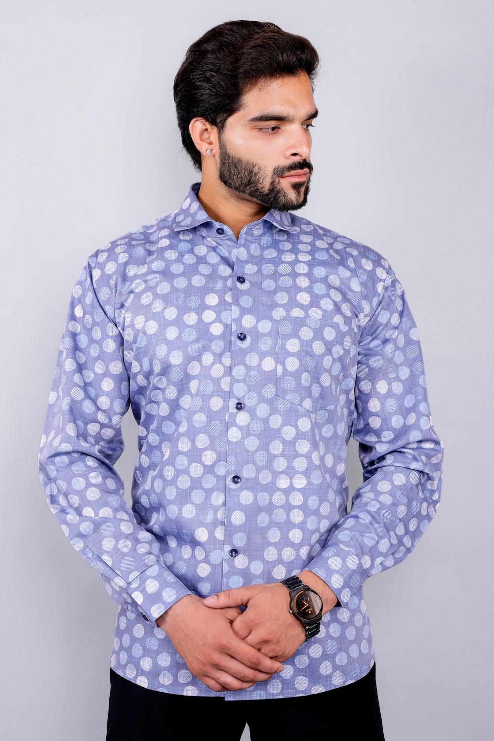 Art-038 (1) Men's Blue Floral Printed Casual Sleeve Shirt Cotton Blend Shirt - Image 1