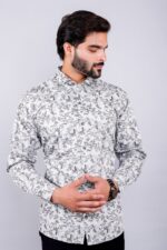 Men's Blue Floral Printed Casual Sleeve Shirt Cotton Blend Shirt