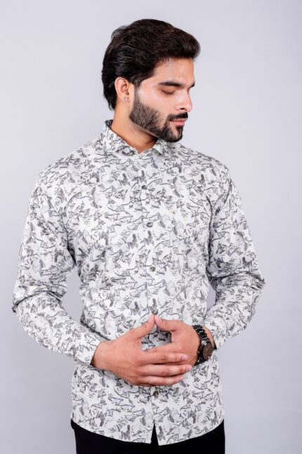 Men's Blue Floral Printed Casual Sleeve Shirt Cotton Blend Shirt
