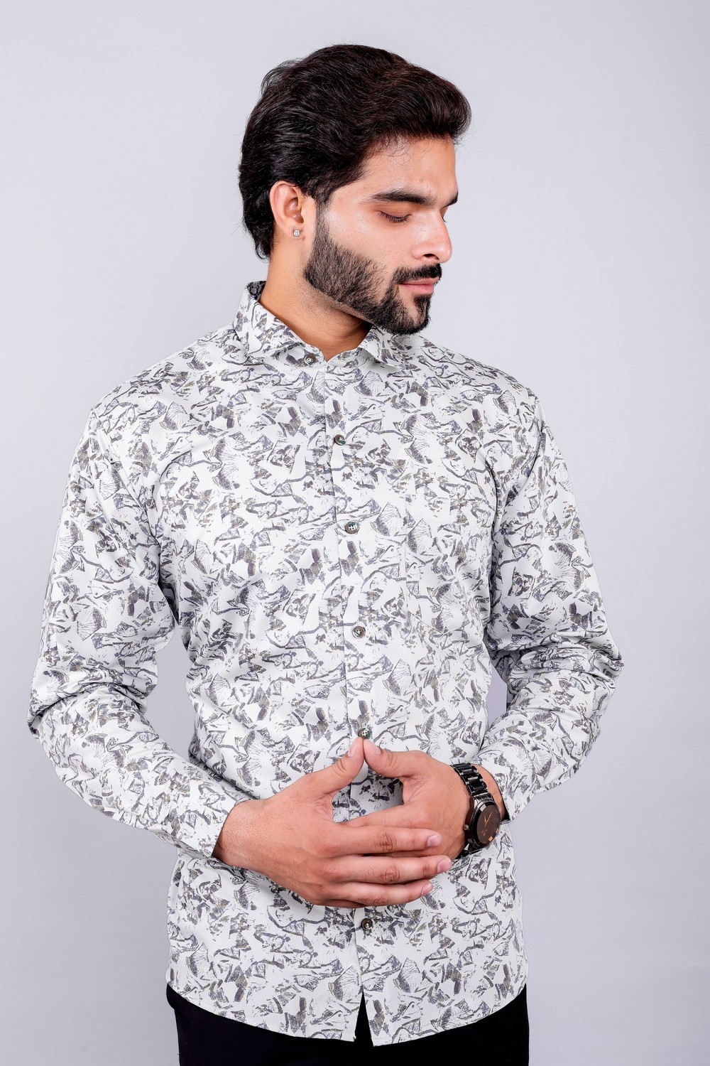 Art-041 (5) Men's Blue Floral Printed Casual Sleeve Shirt Cotton Blend Shirt - Image 1