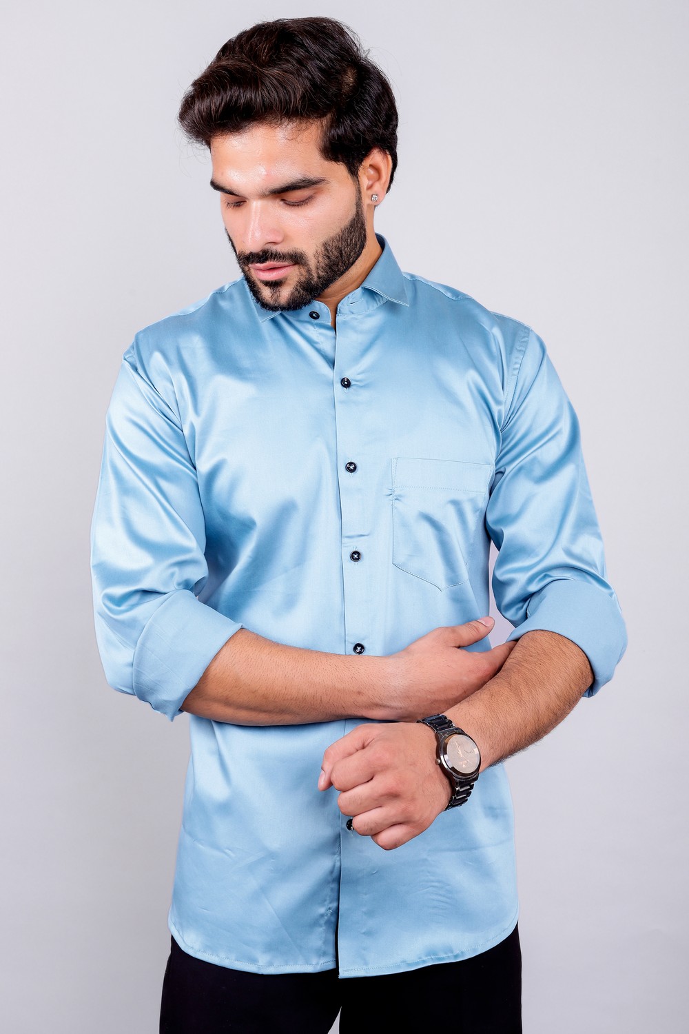 Art-044 (1) Men's Blue Floral Printed Casual Sleeve Shirt Cotton Blend Shirt - Image 1