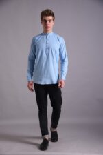 Men's Blue Floral Printed Casual Sleeve Shirt Cotton Blend Shirt