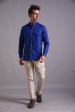 Men's Blue Floral Printed Casual Sleeve Shirt Cotton Blend Shirt