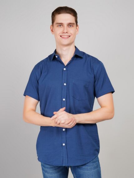 Men's Blue Floral Printed Casual Sleeve Shirt Cotton Blend Shirt